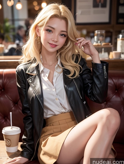 ai nude image of blonde woman sitting on a couch with a coffee cup in her hand pics of 20s Happy Blonde Long Hair Filipina Cafe Nude Jacket Woman Beautiful Micro Skirt Spreading Legs