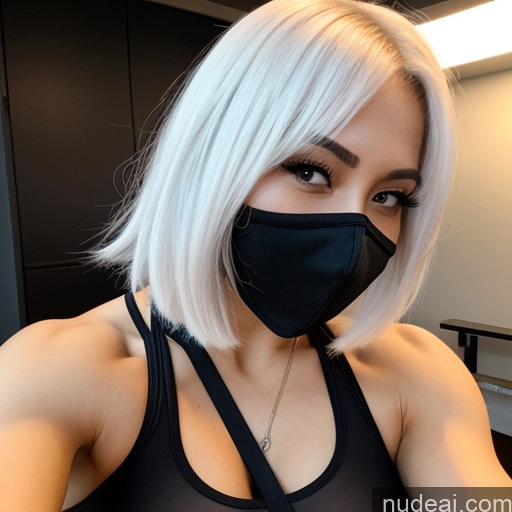 ai nude image of blond woman with white hair wearing a black mask and black bra pics of One Long Legs 30s Sexy Face Ahegao Laughing White Hair Bobcut Black Transparent Partially Nude Perfect Boobs Hell Front View Face Mask Cosplay Bodybuilder