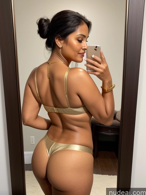 ai nude image of araffe woman in a gold bikini taking a selfie in a mirror pics of Milf Chubby Tanned Skin Seductive Brunette Hair Bun Indian Mirror Selfie Massage Sari Partially Nude Gold Jewelry Bright Lighting Simple