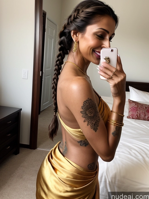 ai nude image of araffe woman in a gold dress taking a selfie in a bedroom pics of Woman Tattoos Beautiful Lipstick Small Tits Skinny Perfect Body Tanned Skin 50s Laughing Brunette Braided Indian Mirror Selfie Bedroom Side View Bending Over Sari Gold Jewelry Jewelry Bright Lighting Simple