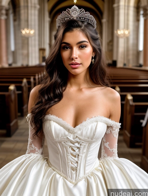 ai nude image of a close up of a woman in a wedding dress wearing a tiable pics of One Long Hair Bright Lighting Miss Universe Model Small Tits Small Ass Skinny Muscular Pubic Hair Sexy Face Pouting Lips Italian Dress Wedding Church Skin Detail (beta) Traditional 18 Brunette Victorian Close-up View T-pose