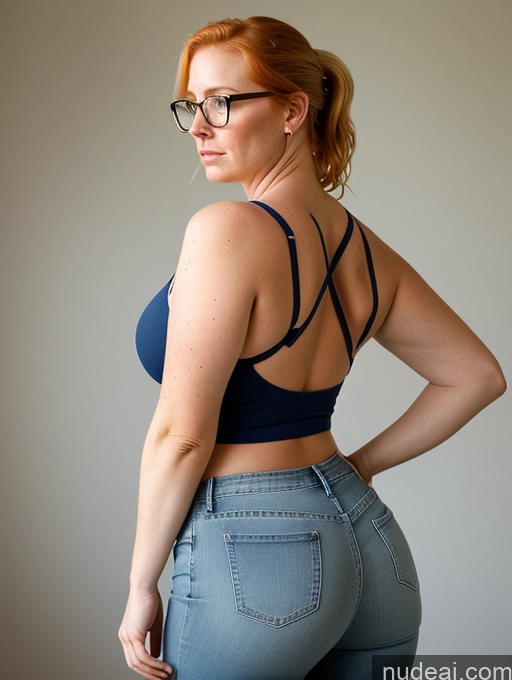 ai nude image of arafed woman in a blue bra top and jeans posing for a picture pics of Woman One Glasses Big Ass Chubby Short Fairer Skin Small Tits 40s Serious Blonde Ponytail Irish Jeans Back View