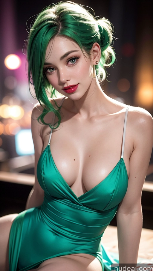 ai nude image of arafed woman with green hair and green dress sitting on a table pics of Lipstick 18 Pixie Dress Happy Small Tits Club Green Hair Fairer Skin Side View Russian