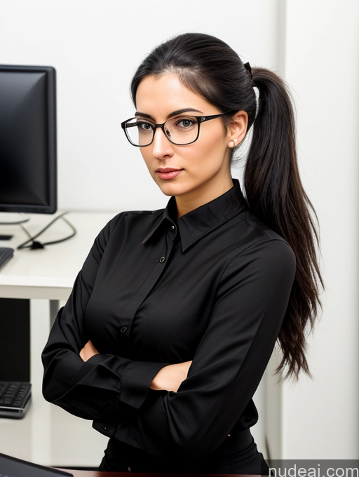 ai nude image of there is a woman with glasses standing in front of a computer pics of Woman Beautiful Glasses 20s Serious Black Hair Ponytail Italian Office Front View Casual Secretary