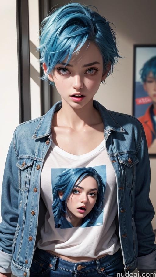 ai nude image of arafed woman with blue hair and a white shirt and jean jacket pics of 18 Pixie Jacket Blue Hair Shirt Shocked Jeans