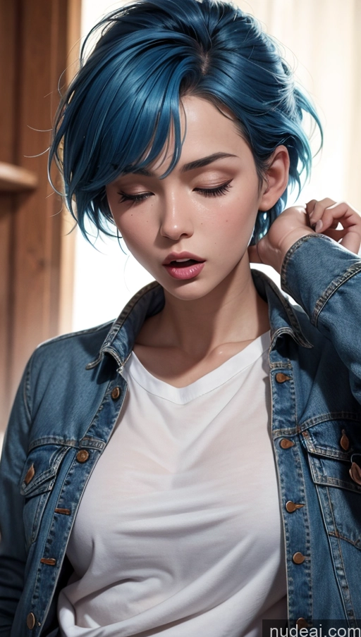 ai nude image of arafed woman with blue hair and a white shirt is posing pics of 18 Pixie Jacket Blue Hair Shirt Shocked Jeans Orgasm