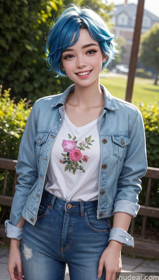 ai nude image of arafed woman with blue hair and a white shirt and jeans pics of 18 Pixie Jacket Blue Hair Shirt Jeans Happy