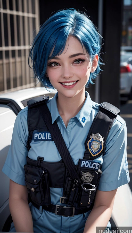 ai nude image of arafed woman with blue hair and police uniform sitting on a car pics of 18 Pixie Blue Hair Happy Police