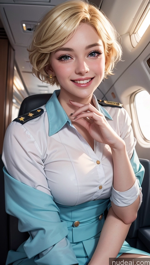 ai nude image of blond woman in uniform sitting on a plane with her hand on her chin pics of 18 Pixie Happy Flight Attendant Blonde