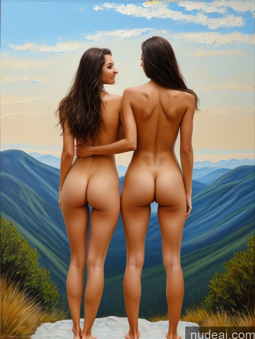 ai nude image of painting of two women standing on a hill with a view of mountains pics of Two Woman + Man Small Tits Small Ass Skinny Tall Perfect Body 20s Serious Brunette Long Hair Hungarian Painting Mountains Back View Spreading Legs Nude