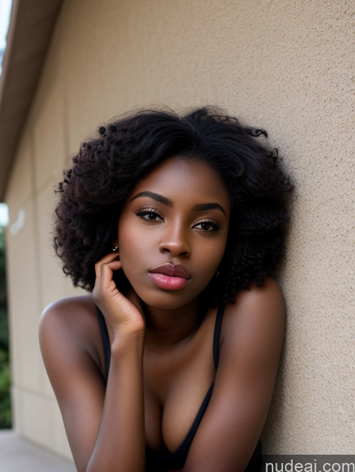 ai nude image of there is a woman leaning against a wall with her hand on her chin pics of Dark Skin Black 18 Short Pubic Hair Bikini Busty Pouting Lips Bobcut T-pose