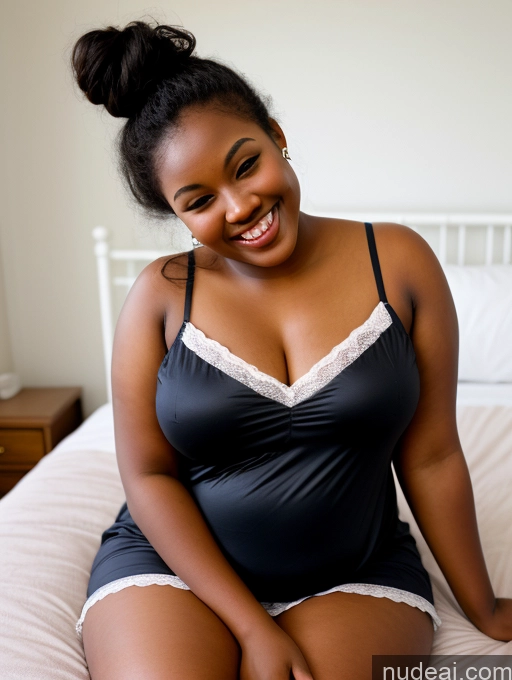 ai nude image of smiling woman in black lingerie sitting on bed with white sheets pics of 18 Pubic Hair Sorority Black Happy Hair Bun Chubby Dark Skin On Back Nightgown