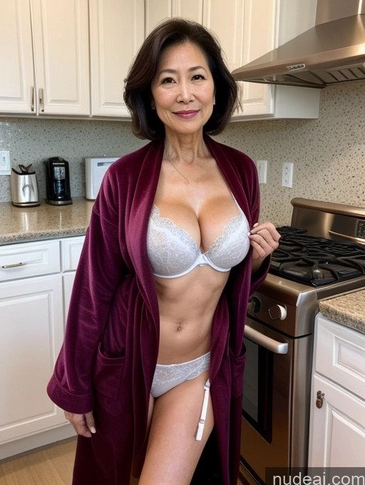 ai nude image of arafed asian woman in a robe posing in a kitchen pics of Milf Two Perfect Boobs Beautiful Perfect Body Bobcut Kitchen Bra Professor Stylish Cleavage Detailed Sexy Face 70s Japanese Bathrobe