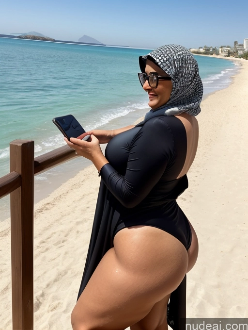 ai nude image of araffe woman in a black swimsuit and a hat on a beach pics of Milf One Huge Boobs Big Ass Chubby Big Hips Short Oiled Body 60s Laughing Arabic Mirror Selfie Beach Front View Niqab Microkini Bright Lighting Detailed