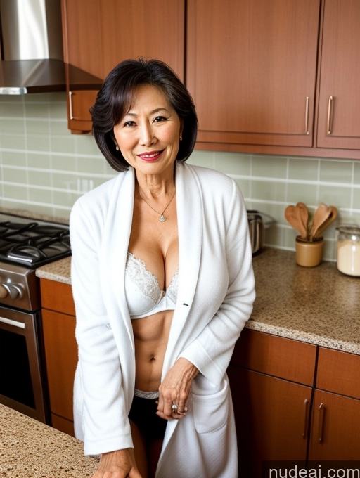 ai nude image of there is a woman in a white robe cutting a cake pics of Milf Two Perfect Boobs Beautiful Perfect Body Bobcut Kitchen Bra Professor Stylish Cleavage Detailed Sexy Face 70s Japanese Bathrobe