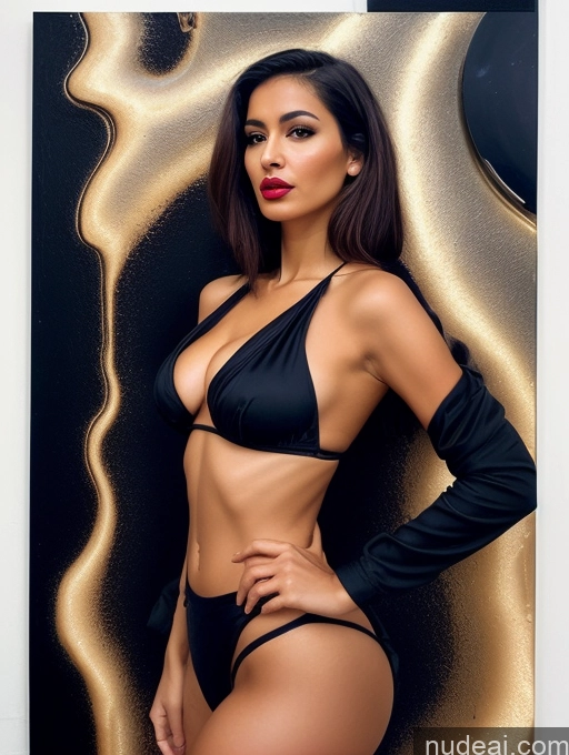 ai nude image of arafed woman in a black bikini posing in front of a gold background pics of One Small Tits Lipstick Perfect Body Tanned Skin 30s Sexy Face Brunette Bobcut Brazilian Detailed Dark Lighting Surrealist Cafe Cleavage Crop Top Jacket Jeans Boots Side View