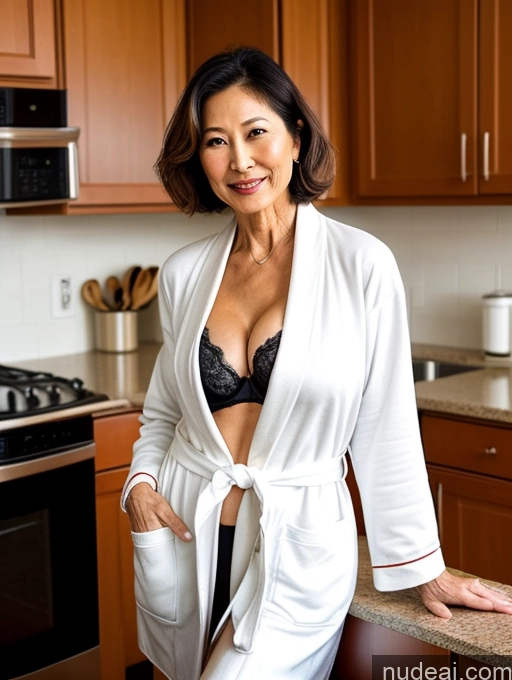 ai nude image of woman in white robe standing in kitchen with counter top and oven pics of Milf Two Perfect Boobs Beautiful Perfect Body Bobcut Kitchen Bra Professor Stylish Cleavage Detailed Sexy Face 70s Japanese Bathrobe