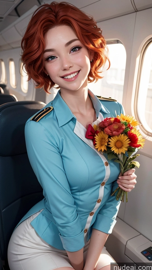 ai nude image of arafed woman in uniform sitting on a plane holding a bouquet of flowers pics of 18 Happy Ginger Pixie Flight Attendant