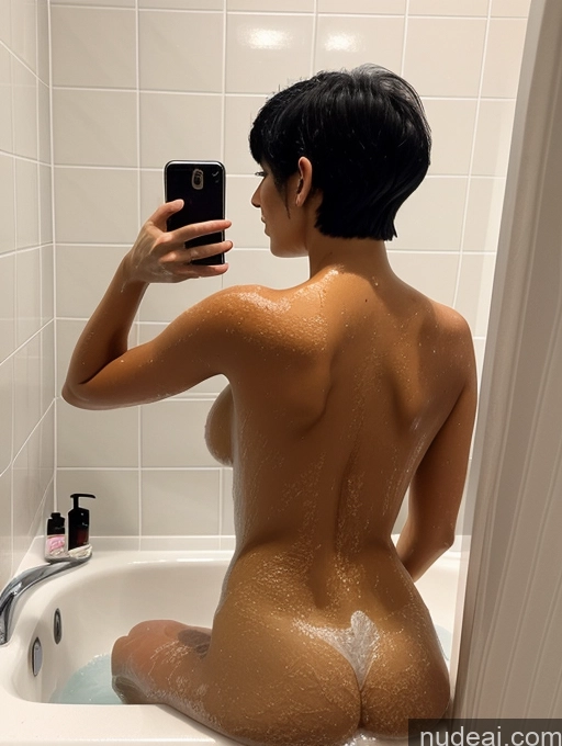 ai nude image of araffe woman taking a picture of herself in a bathtub pics of Woman Several Perfect Boobs 18 Sexy Face Black Hair Short Hair Short Egyptian Mirror Selfie Bathroom Front View Bathing Nude