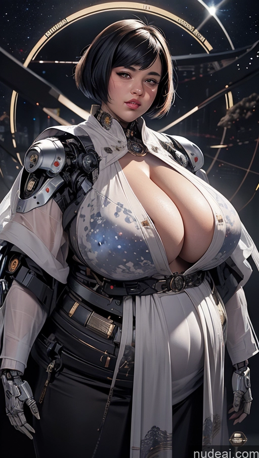 ai nude image of arafed woman in a futuristic outfit with a large breast pics of Tanned Skin Huge Sagging Breasts Pubic Hair Hairy Women Alternative Busty Short Hair Laughing Obese Cyborg Jewelry Small Tits Sci-fi Armor Stargazing Futuristicbot V2