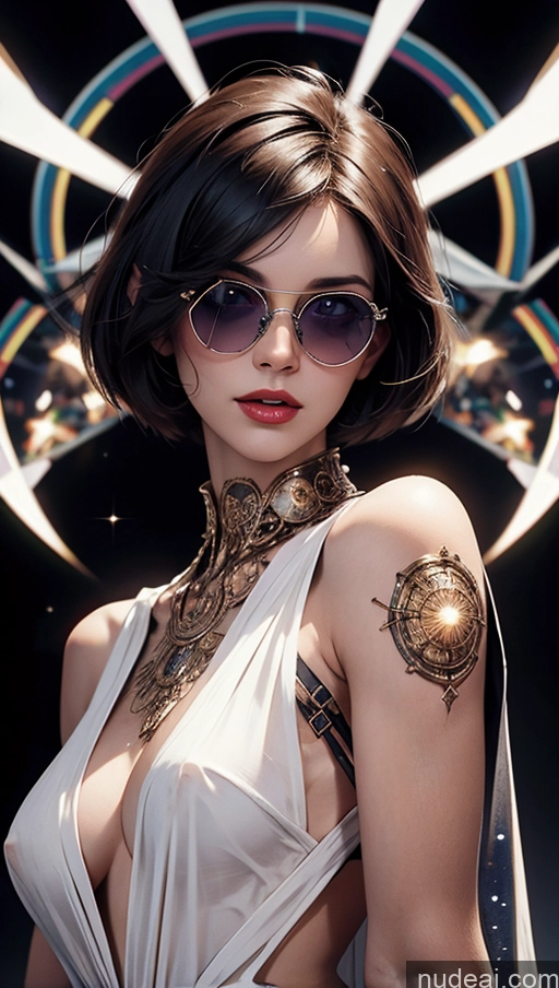 ai nude image of arafed woman with a tattoo on her arm and a white dress pics of Hairy Women Alternative Busty Short Hair Laughing Jewelry Stargazing Futuristicbot V2 Lipstick Sunglasses