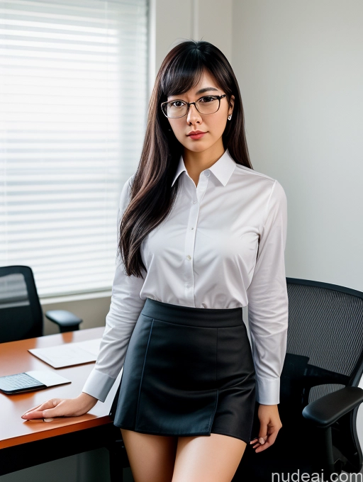 related ai porn images free for Woman 20s Serious Front View Black Hair Beautiful Glasses Bangs Chinese Office Secretary Shirt Mini Skirt