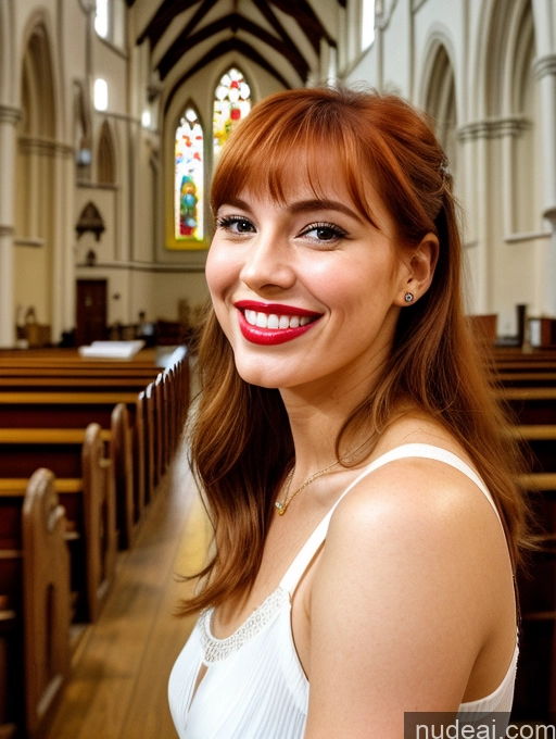 ai nude image of smiling woman in church with stained glass windows and wooden pews pics of Woman 20s Front View Happy Beautiful 90s Church Brazilian Ginger Bangs Lipstick