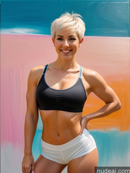 related ai porn images free for Woman Short Shorts Sports Bra Black Hair Pixie White Small Tits Abs Beautiful Front Facing Full Body 20s Happy Fairer Skin Painting