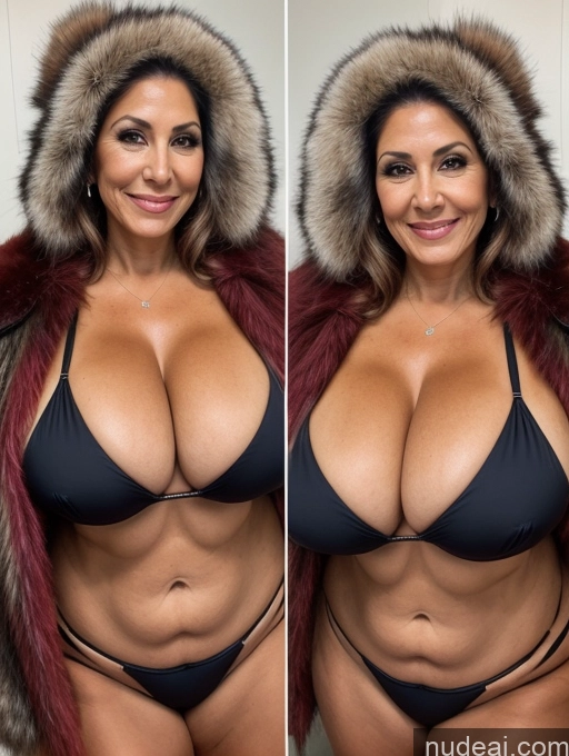 ai nude image of arafed woman in a black bikini and fur coat posing for a selfie pics of Milf One 70s Brazilian Front View Busty Huge Boobs Tanned Skin Thick Microkini Thong Vampire Fur Jacket Lumberjack