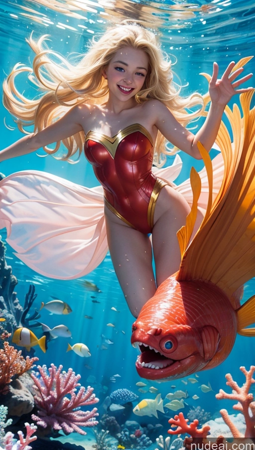 ai nude image of blond woman in a red and gold costume swims in a coral reef pics of 18 Happy Blonde Slicked Superhero Underwater