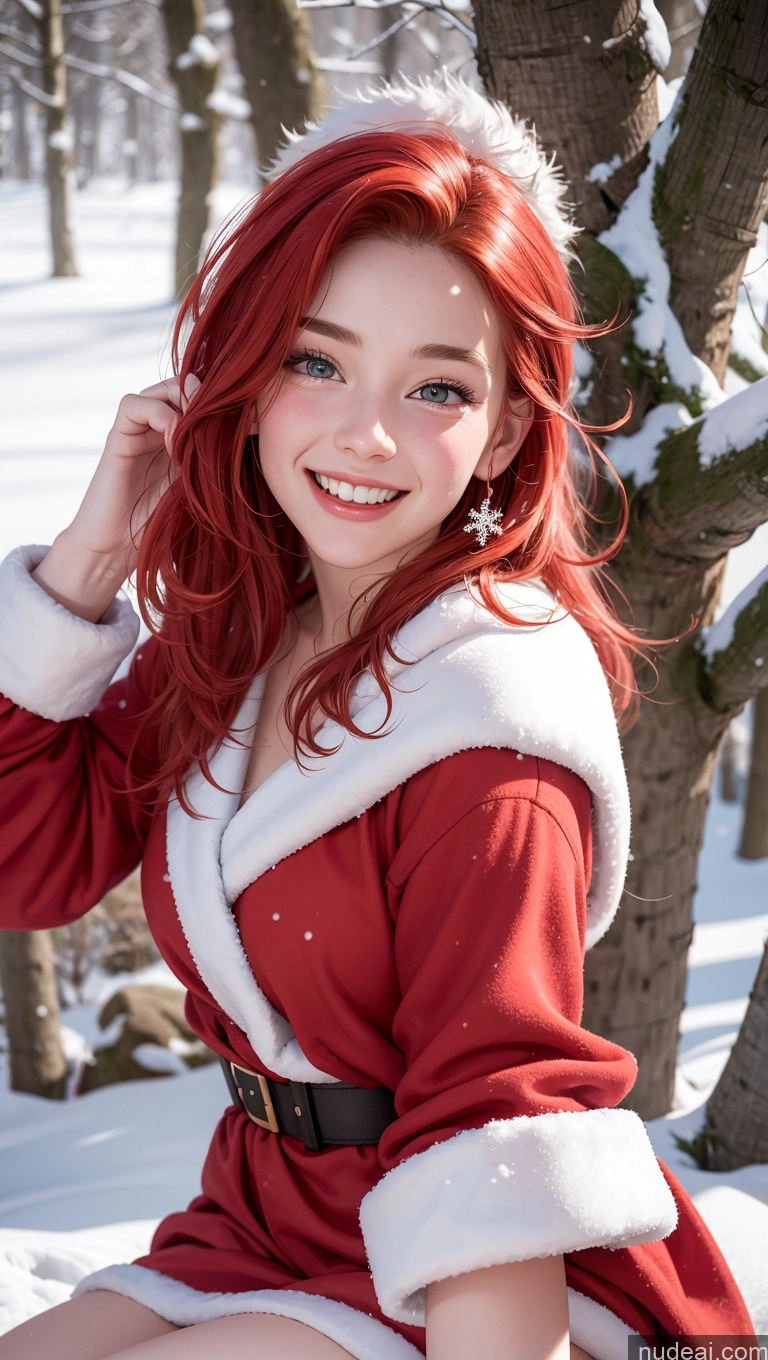 ai nude image of arafed woman in a santa outfit sitting in the snow pics of 18 Happy Ginger Slicked Snow Santa