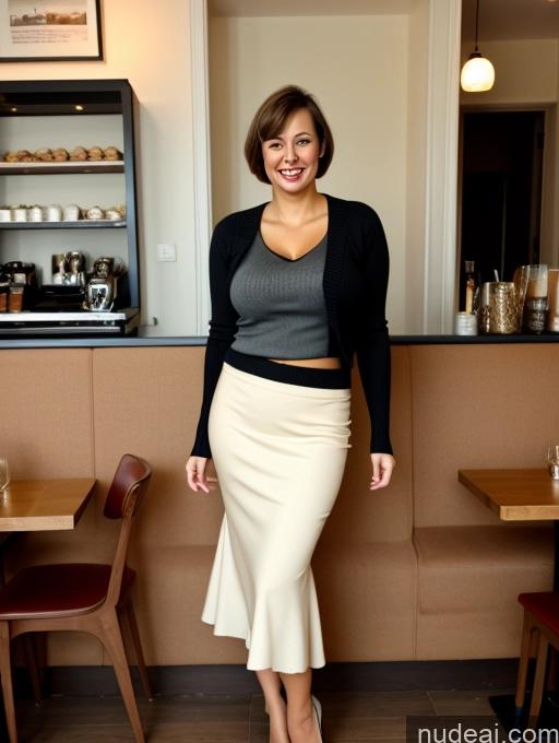 ai nude image of there is a woman standing in a restaurant with a smile on her face pics of Wife Or Girlfriend Two Busty Big Ass Thick Big Hips Long Legs 40s Happy Brunette Short Hair British Cafe Long Skirt Pantyhose High Heels Sweater