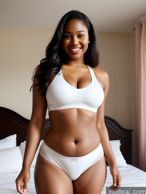 ai nude image of there is a woman in a white bikini posing on a bed pics of Woman Perfect Boobs One Big Ass Big Hips Chubby Short Dark Skin 18 Happy Black Hair Black Warm Anime Bedroom Cumshot Sports Bra Panties