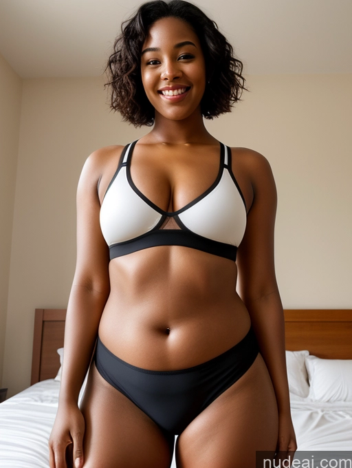 ai nude image of there is a woman in a bikini posing on a bed pics of Woman Perfect Boobs One Big Ass Big Hips Chubby Short Dark Skin 18 Happy Black Hair Black Warm Anime Bedroom Cumshot Sports Bra Panties