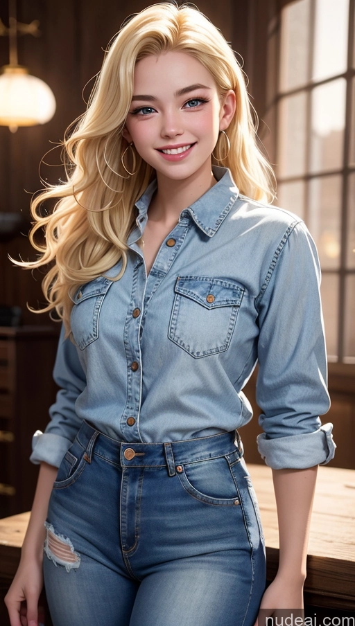 ai nude image of blonde woman in denim shirt and jeans posing for a picture pics of 18 Happy Slicked Blonde Jeans