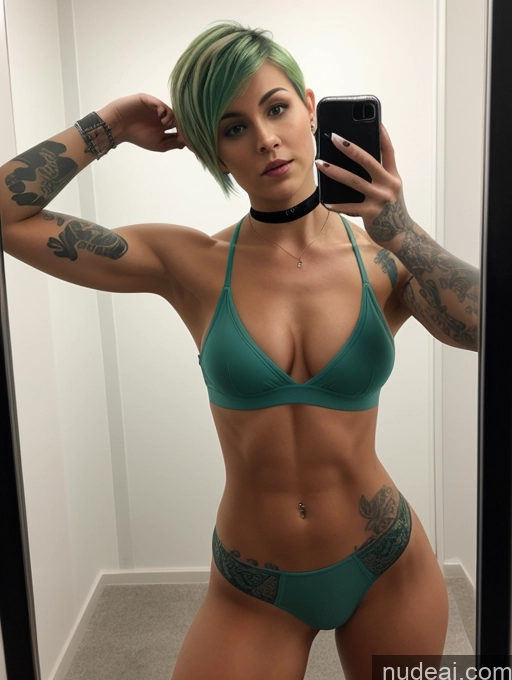 ai nude image of arafed woman in a green bikini taking a selfie in a mirror pics of Woman One Tattoos Perfect Boobs Abs Skinny Muscular 18 Seductive Green Hair Pixie German Mirror Selfie Changing Room Front View On Back Fishnet Choker Transparent Jewelry Bright Lighting Simple