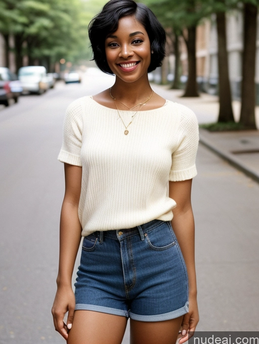 ai nude image of smiling woman in short denim shorts and a white sweater pics of Woman 20s Happy Front View Street Beautiful Short Hair Black Hair Black 70s