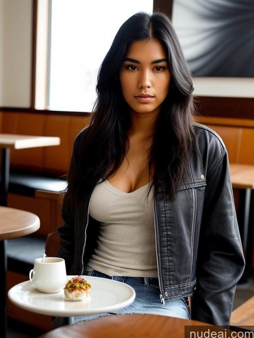 ai nude image of arafed woman sitting at a table with a plate of food pics of Model One Perfect Boobs Long Hair 18 Serious Black Hair Brazilian Restaurant Close-up View Boots Casual Jacket Jeans Stylish Surrealist