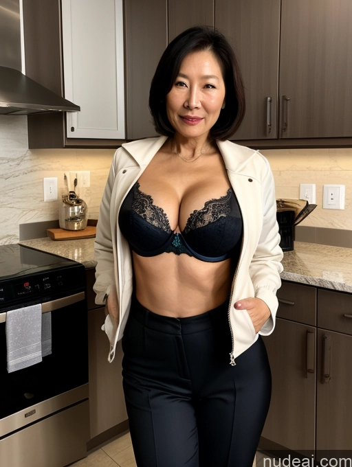 ai nude image of there is a woman in a black bra top and black pants pics of Milf Two Perfect Boobs Beautiful Perfect Body 70s Bobcut Chinese Kitchen Bra Jacket Professor Stylish Suit Cleavage Dark Lighting Detailed Sexy Face