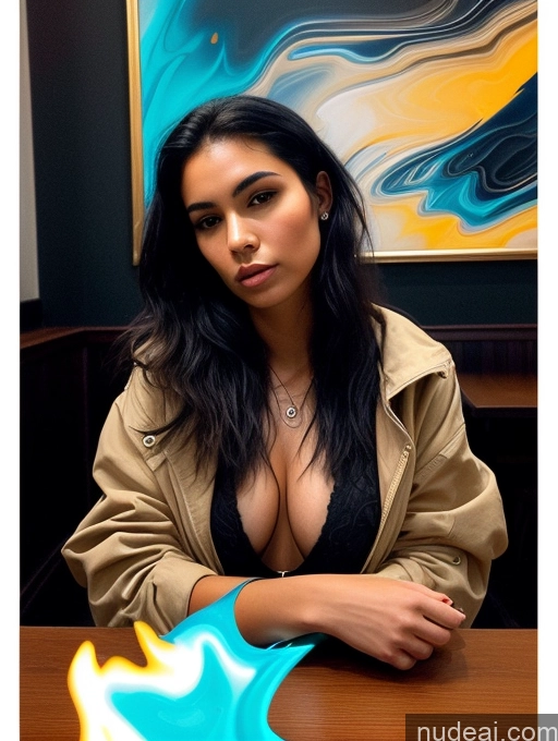 ai nude image of there is a woman sitting at a table with a cake pics of Model One Perfect Boobs Long Hair 18 Serious Black Hair Brazilian Restaurant Close-up View Boots Casual Jacket Jeans Stylish Surrealist