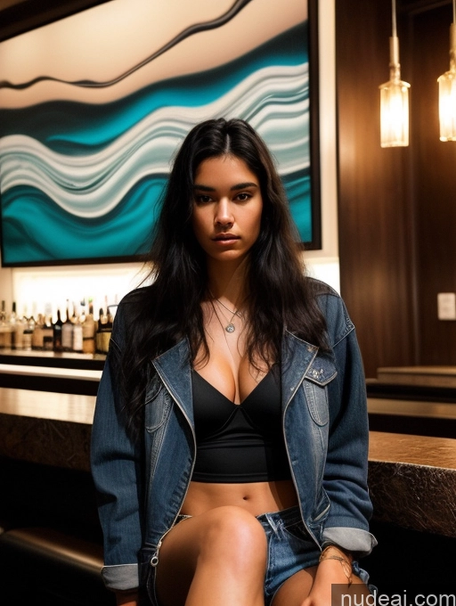 ai nude image of arafed woman sitting on a bar with a blue painting behind her pics of Model One Perfect Boobs Long Hair 18 Serious Black Hair Brazilian Close-up View Boots Casual Jacket Jeans Stylish Surrealist Bar