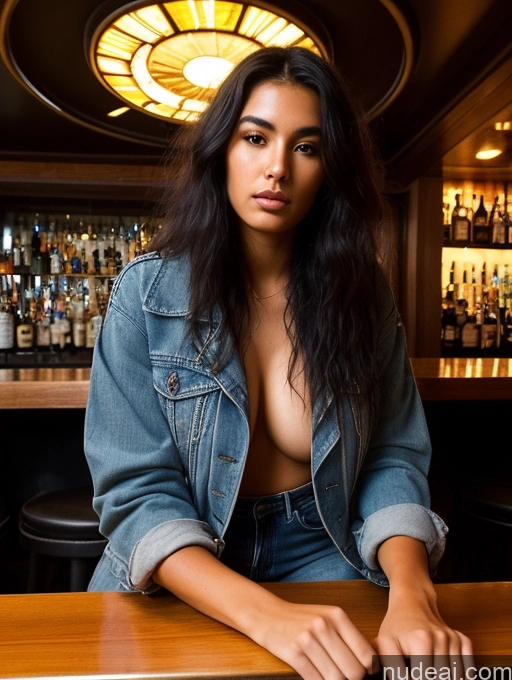 ai nude image of arafed woman sitting at a bar with a lot of bottles behind her pics of Model One Perfect Boobs Long Hair 18 Serious Black Hair Brazilian Close-up View Boots Casual Jacket Jeans Stylish Surrealist Bar