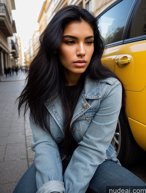 ai nude image of arafed woman sitting on the curb next to a taxi pics of Model One Perfect Boobs Long Hair 18 Serious Black Hair Brazilian Close-up View Boots Casual Jacket Jeans Stylish Surrealist Street