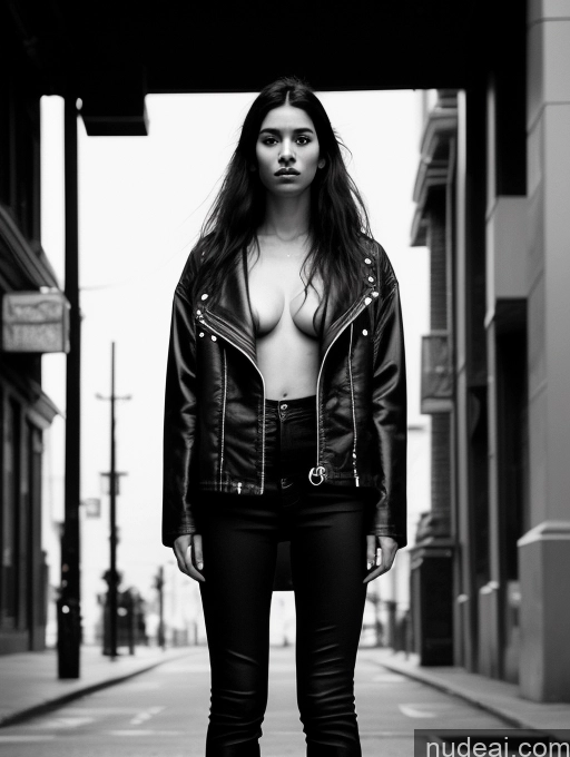 ai nude image of arafed woman in leather jacket and black pants standing on sidewalk pics of Model One Perfect Boobs Long Hair 18 Serious Black Hair Brazilian Close-up View Boots Casual Jacket Jeans Stylish Surrealist Street Dark Lighting