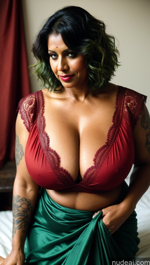 ai nude image of there is a woman in a red and green dress posing on a bed pics of Milf Huge Boobs Beautiful Lipstick Muscular Big Ass Thick Big Hips Tall Dark Skin Latina Film Photo Close-up View Blouse Sari Cleavage Hell Messy Tattoos Green Hair