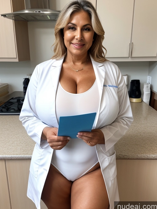 ai nude image of arafed woman in a lab coat holding a folder in a kitchen pics of Milf One Busty Huge Boobs Tanned Skin Thick 70s Front View Microkini Thong Doctor Lab Coat Indian