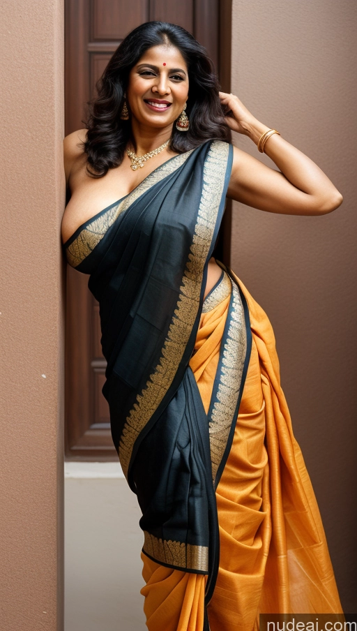 ai nude image of arafed woman in a sari posing for a picture pics of Woman Small Tits Perfect Body Pubic Hair Black Hair Straight Indian Front View Sari Huge Boobs Big Ass 60s Laughing