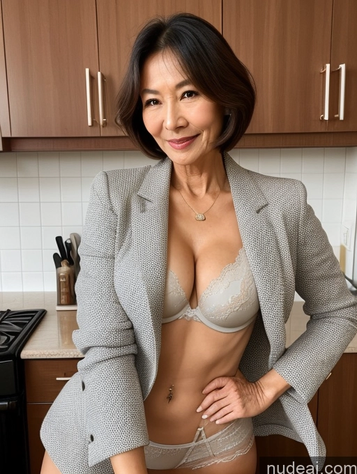 ai nude image of arafed asian woman in a suit posing in a kitchen pics of Milf Two Perfect Boobs Beautiful Perfect Body 70s Bobcut Chinese Kitchen Bra Jacket Professor Stylish Suit Cleavage Detailed Sexy Face