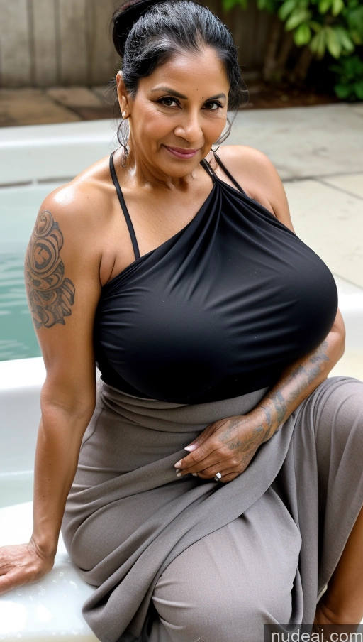 ai nude image of there is a woman sitting in a bathtub with a tattoo on her arm pics of Milf Busty Huge Boobs Beautiful Tattoos Muscular Big Ass Thick Big Hips Tall Dark Skin Ponytail Latina Soft Anime Street Close-up View Blouse Sari Cleavage Black Hair 80s Abs Bathing