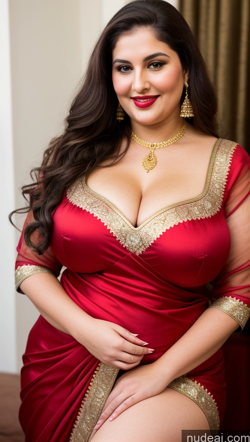 ai nude image of araffe woman in a red dress posing for a picture pics of Milf Busty Beautiful Lipstick Thick Chubby Fat Big Hips Fairer Skin 20s Happy Seductive Brunette Long Hair Russian Party Front View Straddling Sari Blouse Dirndl Victorian Cleavage Gold Jewelry